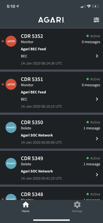 The Agari Secure Email Cloud app home screen.