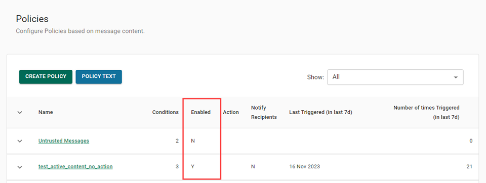 The Move column on the Policies page.