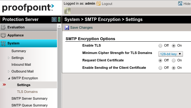 The SMTP Encryption Settings page.