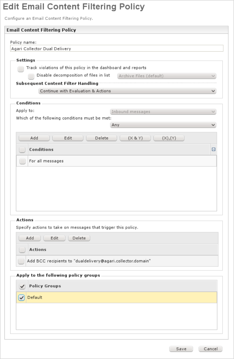 Sample Email content filtering policy page.