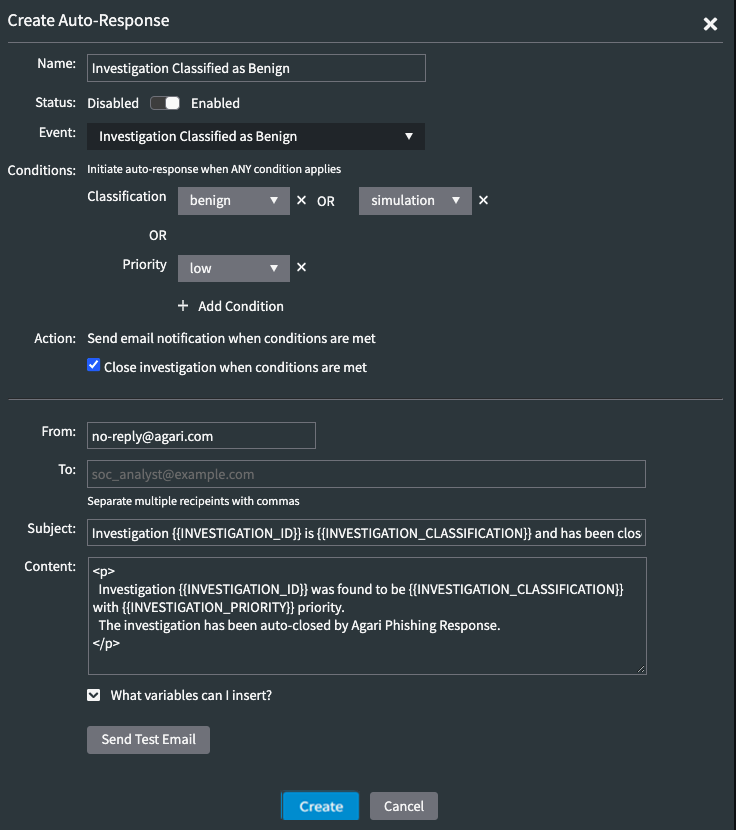 Example for selecting Investigation Classified as Benign adds Conditions options.