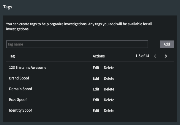 The Tags configuration panel.