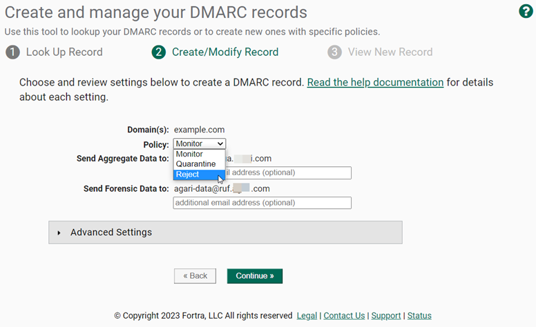Modifying a DMARC policy to be Reject.